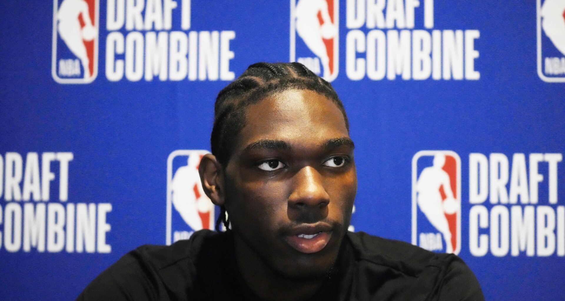 Rasheer Fleming talks to the media during the 2025 NBA Draft Combine at Marriott Marquis Chicago.