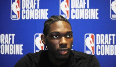 Rasheer Fleming talks to the media during the 2025 NBA Draft Combine at Marriott Marquis Chicago.