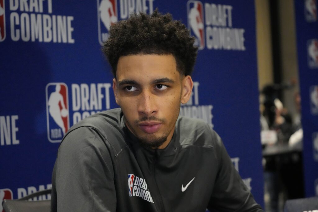 Tyrese Proctor talks to the media during the 2025 NBA Draft Combine at Marriott Marquis Chicago.