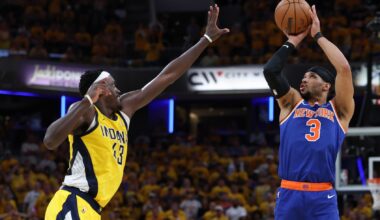 May 31, 2025; Indianapolis, Indiana, USA; New York Knicks guard Josh Hart (3) shoots the ball against Indiana Pacers forward Pascal Siakam (43) in the third quarter during game six of the eastern conference finals for the 2025 NBA Playoffs at Gainbridge Fieldhouse. Mandatory Credit: Trevor Ruszkowski-Imagn Images