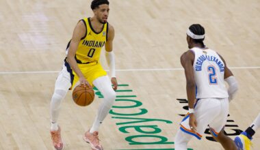 Indiana Pacers guard Tyrese Haliburton (0) brings the ball up court against Oklahoma City Thunder guard Shai Gilgeous-Alexander (2) during the third quarter in game five of the 2025 NBA Finals at Paycom Center.