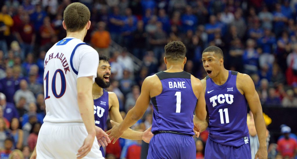 Mar 9, 2017; Kansas City, MO, USA; TCU Horned Frogs guard Desmond Bane (1) is congratulated by guard Brandon Parrish (11) after making the game-winning free throws in the second half against the Kansas Jayhawks during the Big 12 Championship Tournament at Sprint Center. TCU won 85-82. Mandatory Credit: Denny Medley-USA TODAY Sports