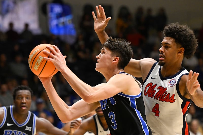 BYU guard Egor Demin (3) drives to the basket during game against Mississippi Thursday, Nov. 28, 2024, in San Diego. The Cougars take to the road again Tuesday, where they will face Providence in Rhode Island.