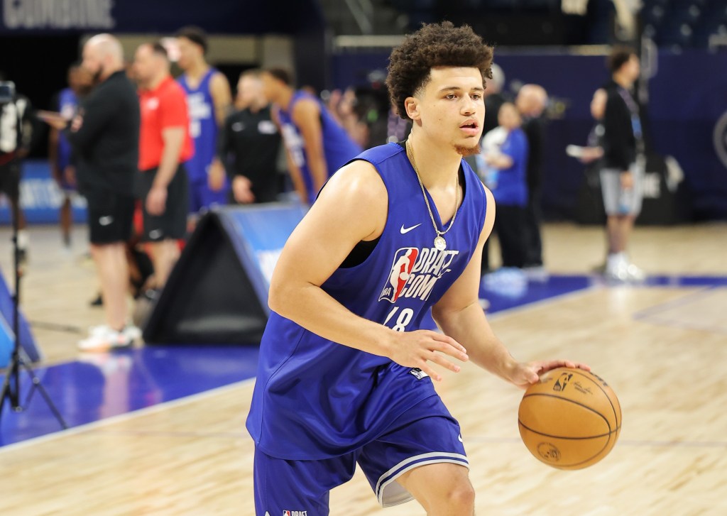 Walter Clayton Jr. dribbles the ball during a drill at the NBA Draft Combine on May 13, 2025.