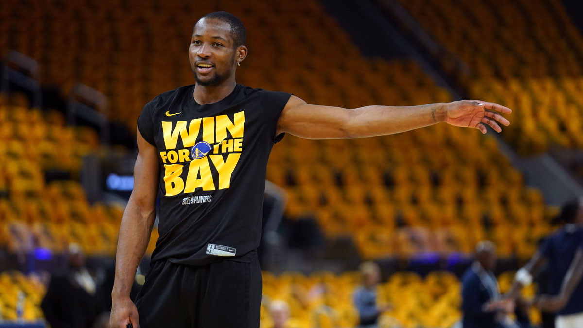 Warriors forward Jonathan Kuminga (00) stands on the court during warmups against the Minnesota Timberwolves during game four of the second round for the 2025 NBA Playoffs at Chase Center