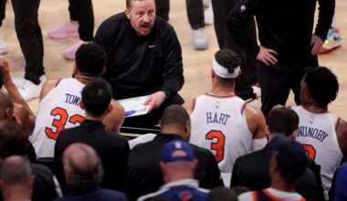 New York Knicks head coach Tom Thibodeau talks to center Karl-Anthony Towns (32) and guard Josh Hart (3) and forward OG Anunoby (8) during a time out during the third quarter of game six in the second round of the 2025 NBA Playoffs against the Boston Celtics at Madison Square Garden.