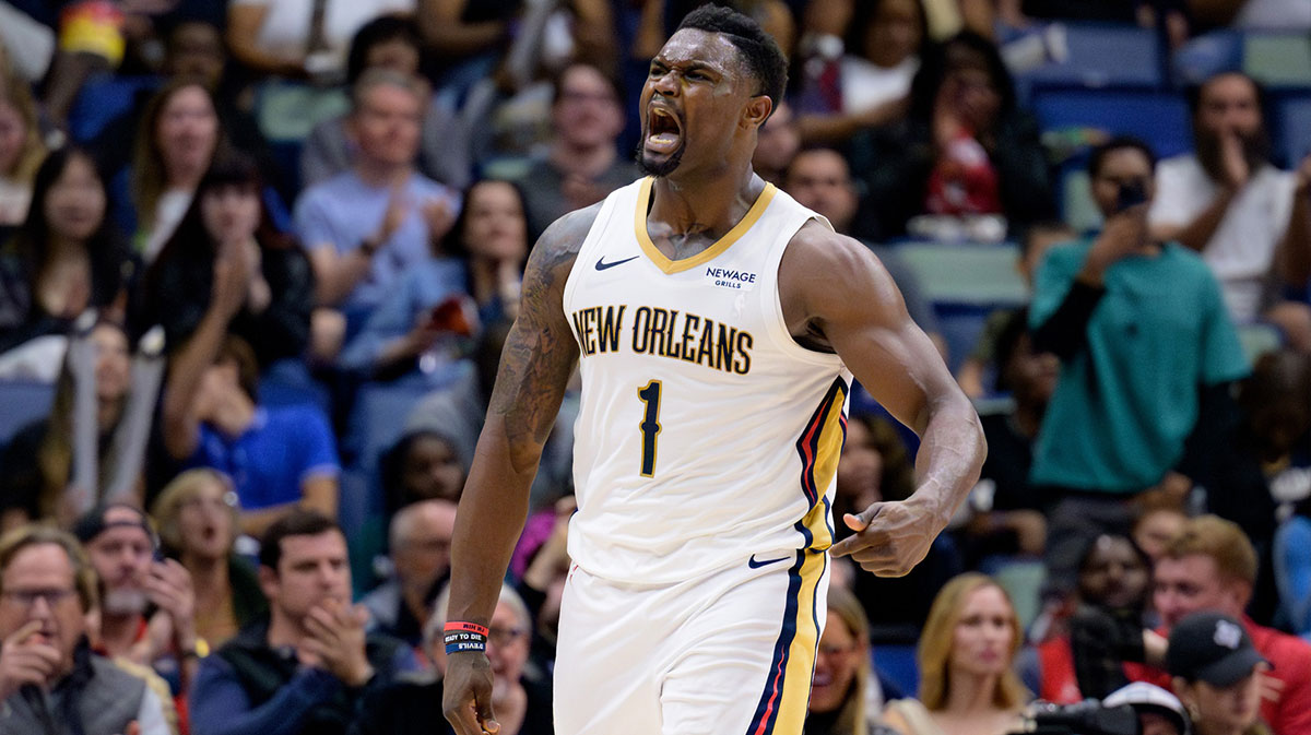 New Orleans Pelicans forward Zion Williamson (1) reacts after a dunk against the Los Angeles Clippers during the fourth quarter at Smoothie King Center.