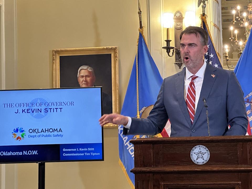 Gov. Kevin Stitt speaks during a news conference announcing the publication of new industry standard protocols that event planners and law enforcement can use when preparing security for major events.