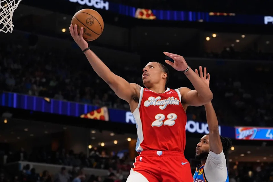 Memphis Grizzlies guard Desmond Bane (22) shoots the ball past Oklahoma City Thunder guard Isaiah Joe (11) during the first half in Game 4 of an NBA first-round playoff series Saturday, April 26, 2025, in Memphis, Tenn. AP