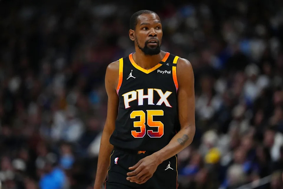 Denver, Colorado, USA; Phoenix Suns forward Kevin Durant (35) during the first quarter against the Denver Nuggets at Ball Arena. Mandatory Credit: Ron Chenoy-Imagn ImagesMandatory Credit&colon; Ron Chenoy-Imagn Images