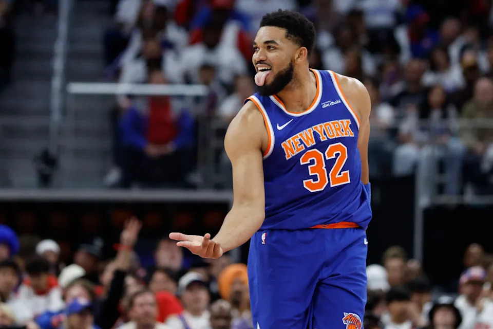 Apr 24, 2025; Detroit, Michigan, USA; New York Knicks center Karl-Anthony Towns (32) celebrates a three point basket in the first half against the Detroit Pistons during game three of first round for the 2024 NBA Playoffs at Little Caesars Arena. Mandatory Credit: Rick Osentoski-Imagn Images© Rick Osentoski-Imagn Images