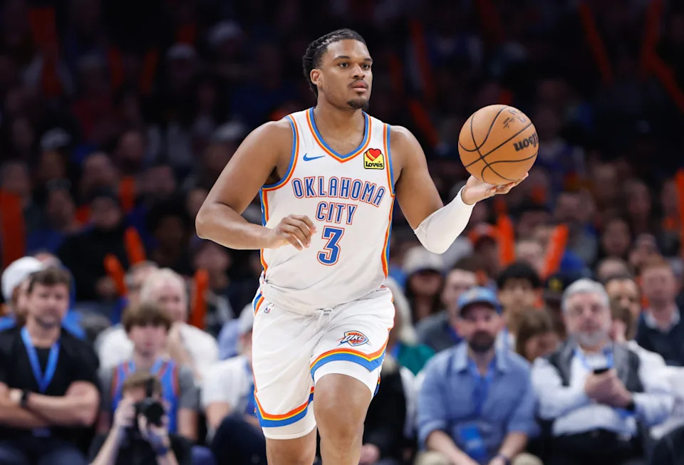 Feb 3, 2025; Oklahoma City, Oklahoma, USA; Oklahoma City Thunder forward Dillon Jones (3) dribbles down the court against the Milwaukee Bucks during the second half at Paycom Center. Mandatory Credit: Alonzo Adams-Imagn Images© Alonzo Adams-Imagn Images