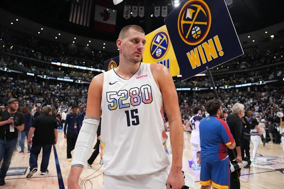 Nikola Jokic #15 of the Denver Nuggets looks on during the game against the Oklahoma City Thunder during Round 2 Game 6 on May 15, 2025 at Ball Arena in Denver, Colorado. NBAE via Getty Images