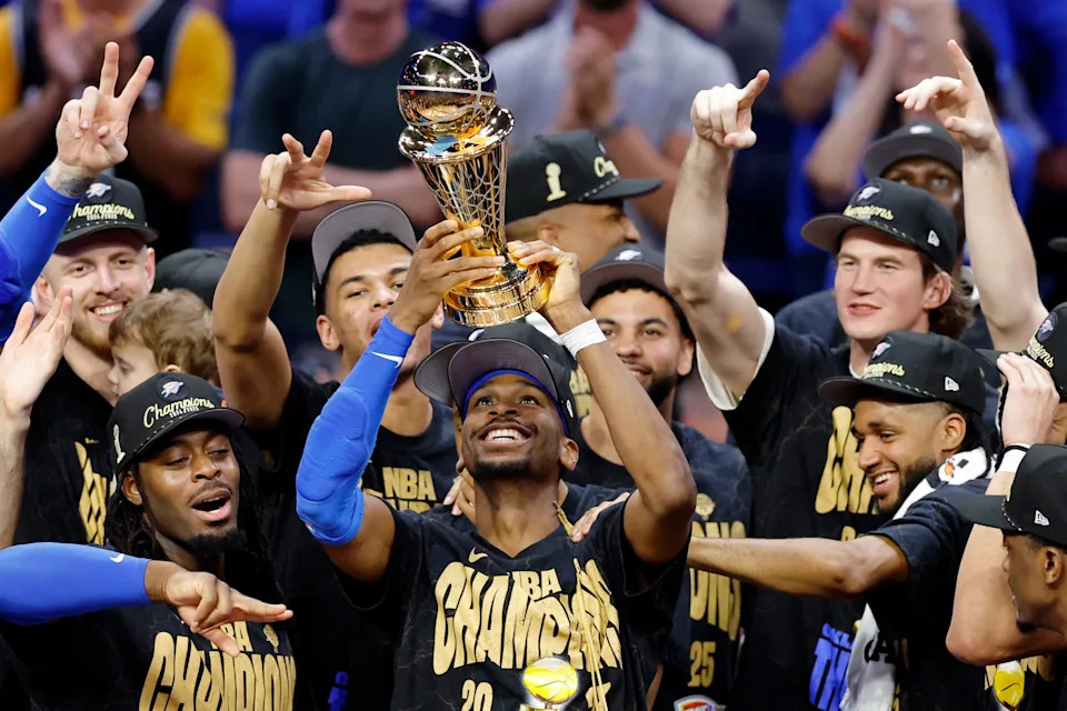 Jun 22, 2025; Oklahoma City, Oklahoma, USA; The Oklahoma City Thunder celebrate after winning game seven of the 2025 NBA Finals against the Indiana Pacers at Paycom Center. Mandatory Credit: Alonzo Adams-Imagn Images