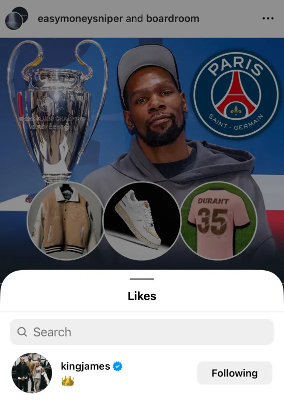 Los Angeles Lakers forward LeBron James likes a post from Phoenix Suns forward Kevin Durant.easymoneysniper, boardroom / Instagram