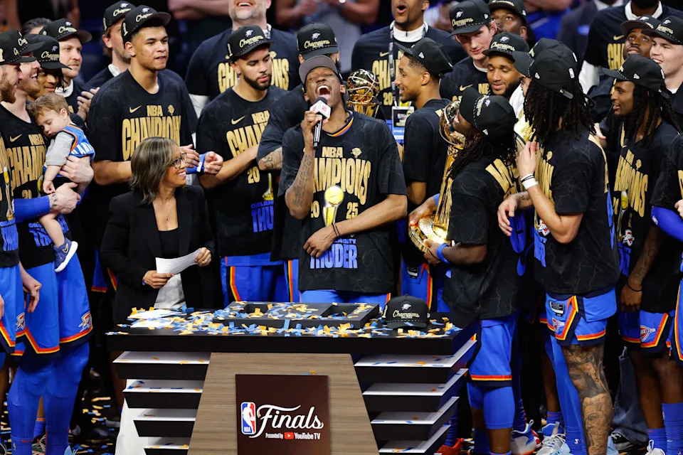 Jun 22, 2025; Oklahoma City, Oklahoma, USA; The Oklahoma City Thunder celebrate after winning game seven of the 2025 NBA Finals against the Indiana Pacers at Paycom Center. Mandatory Credit: Alonzo Adams-Imagn Images