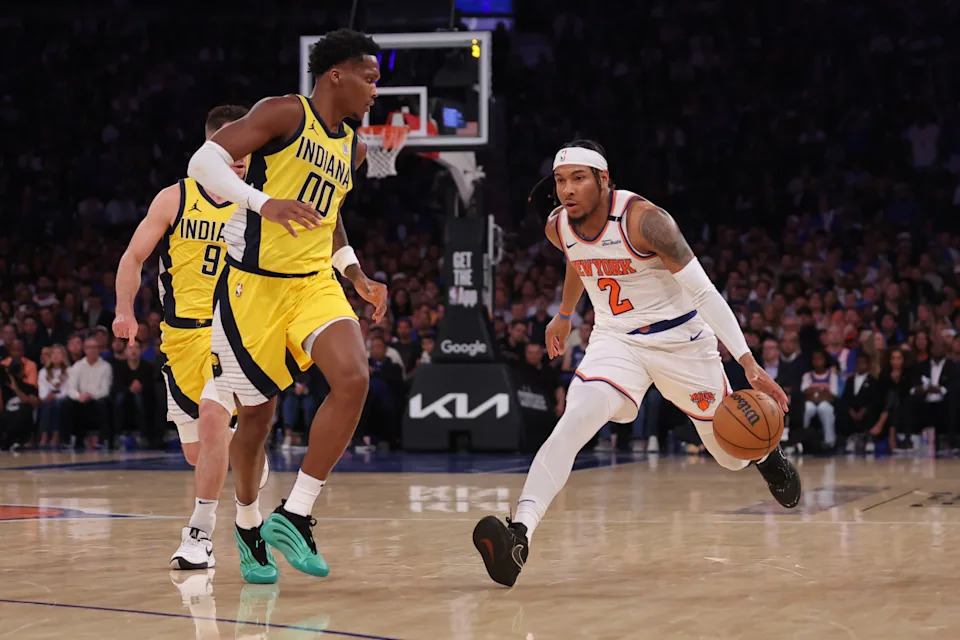 May 21, 2025; New York, New York, USA; New York Knicks guard Miles McBride (2) controls the ball against Indiana Pacers guard Bennedict Mathurin (00) in the third quarter during game one of the eastern conference finals for the 2025 NBA Playoffs at Madison Square Garden.© Brad Penner-Imagn Images