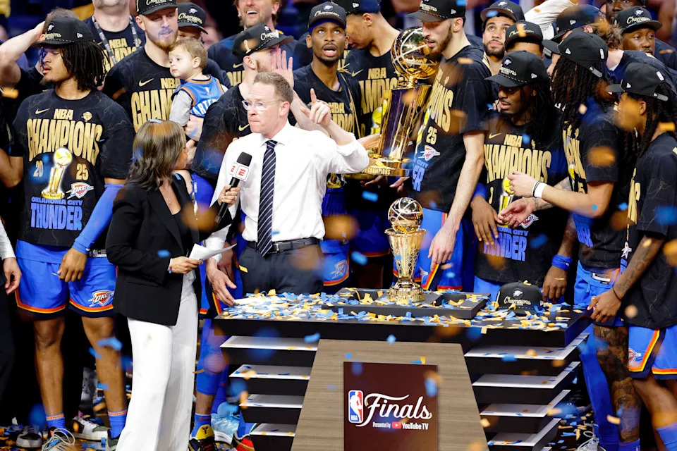 Jun 22, 2025; Oklahoma City, Oklahoma, USA; Oklahoma City Thunder general manager Sam Presti is interviewed after winning game seven of the 2025 NBA Finals against the Indiana Pacers at Paycom Center. Mandatory Credit: Alonzo Adams-Imagn Images