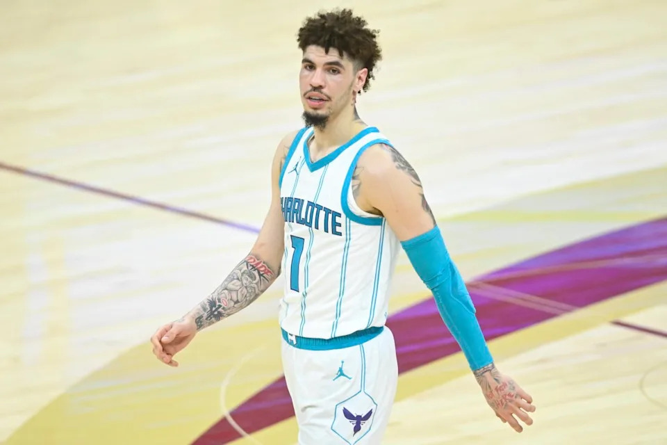 Cleveland, Ohio, USA; Charlotte Hornets guard LaMelo Ball (1) reacts in the fourth quarter against the Cleveland Cavaliers at Rocket Mortgage FieldHouse. Mandatory Credit: David Richard-Imagn ImagesMandatory Credit&colon; David Richard-Imagn Images
