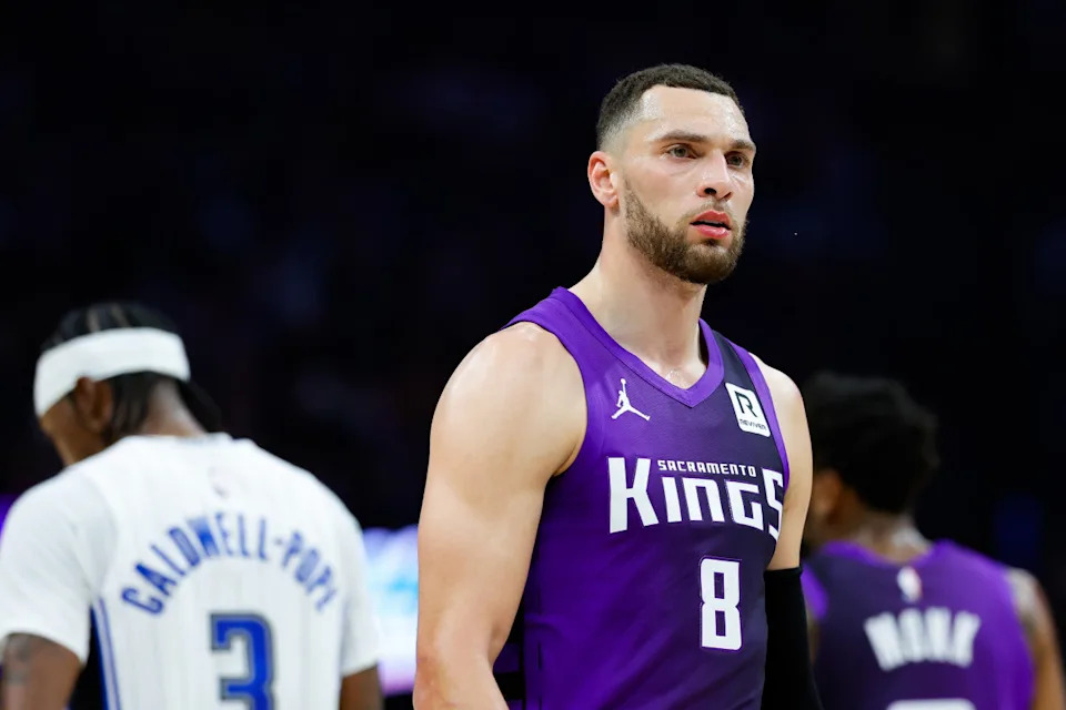 Feb 5, 2025; Sacramento, California, USA; Sacramento Kings guard Zach LaVine (8) looks on during the first quarter against the Orlando Magic at Golden 1 Center. Mandatory Credit: Sergio Estrada-Imagn Images Mandatory Credit&colon; Sergio Estrada-Imagn Images