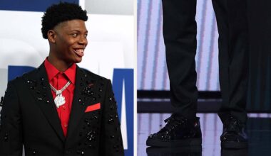 Ace Bailey wears Christian Louboutin shimmering sneakers at the NBA Draft Day One, where he was drafted to the Utah Jazz.