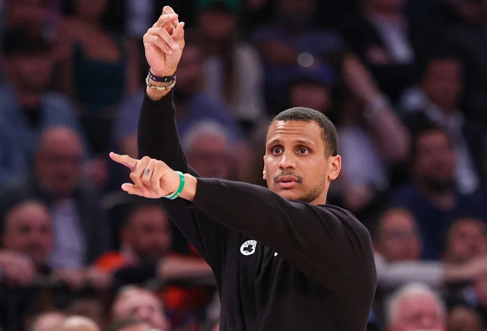 Boston Celtics head coach Joe Mazzulla reacts in the second half during game four of the second round for the 2025 NBA Playoffs against the New York Knicks at Madison Square Garden. Mandatory Credit&colon; Vincent Carchietta-Imagn Images