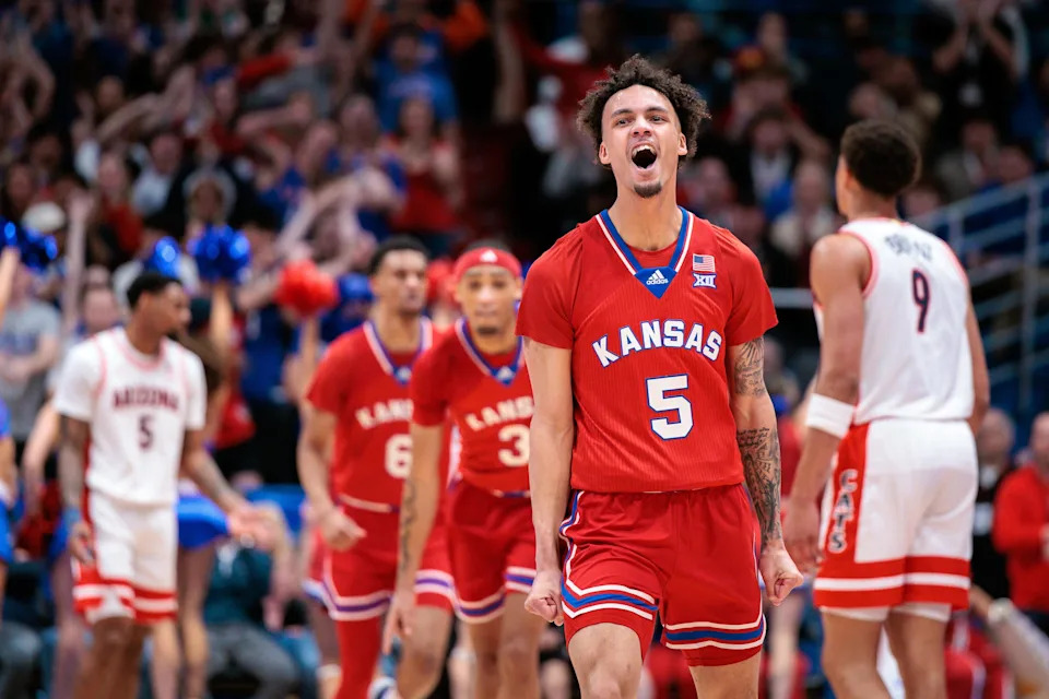 March 8, 2025; Lawrence, Kansas; Kansas basketball guard Zeke Mayo (5) reacts after a play against Arizona during a game at Allen Fieldhouse.