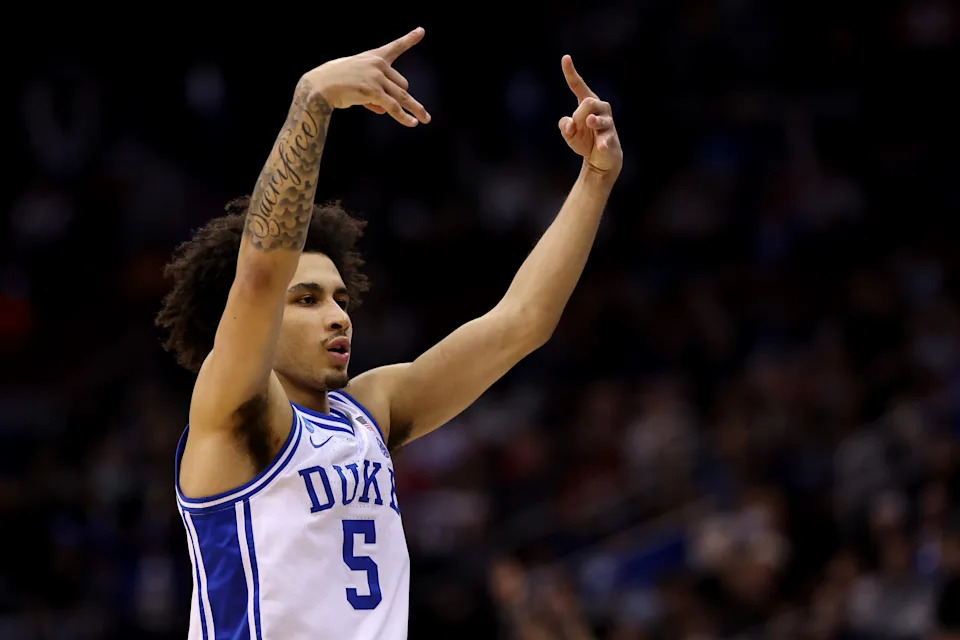 NEWARK, NEW JERSEY - MARCH 29: Tyrese Proctor #5 of the Duke Blue Devils reacts against the Alabama Crimson Tide during the second half in the East Regional Elite Eight round of the NCAA Men's Basketball Tournament at Prudential Center on March 29, 2025 in Newark, New Jersey. (Photo by Patrick Smith/Getty Images)