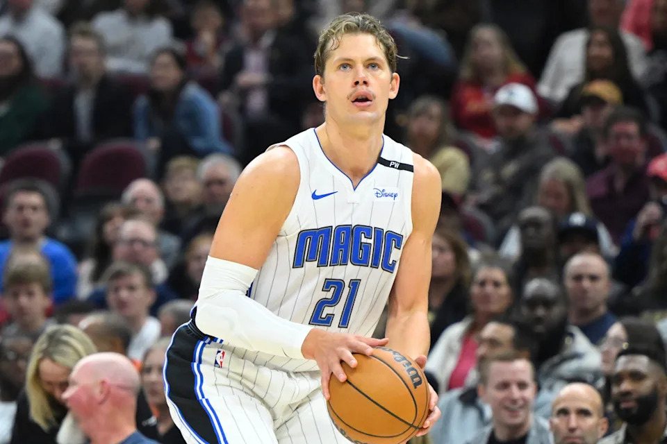 Nov 1, 2024; Cleveland, Ohio, USA; Orlando Magic center Moritz Wagner (21) looks to shoot in the first quarter against the Cleveland Cavaliers at Rocket Mortgage FieldHouse. Mandatory Credit: David Richard-Imagn Images