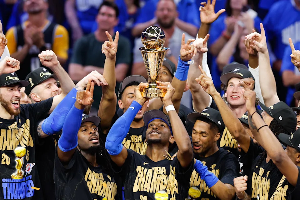 Jun 22, 2025; Oklahoma City, Oklahoma, USA; The Oklahoma City Thunder celebrate after winning game seven of the 2025 NBA Finals against the Indiana Pacers at Paycom Center. Mandatory Credit: Alonzo Adams-Imagn Images