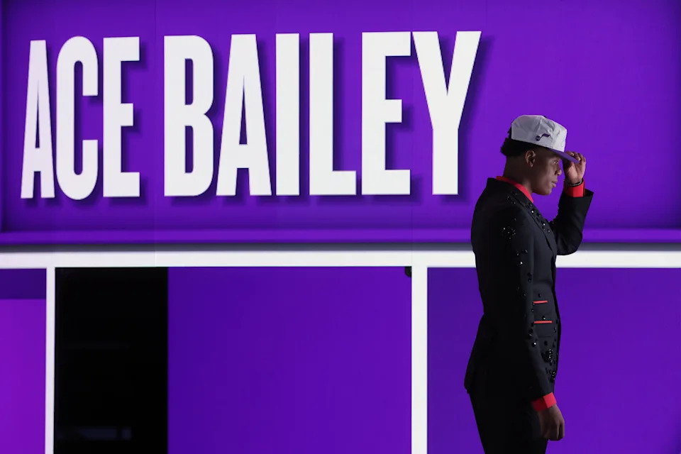 Jun 25, 2025; Brooklyn, NY, USA; Ace Bailey looks on after being selected as the fifth pick by the Utah in the first round of the 2025 NBA Draft at Barclays Center. Mandatory Credit: Brad Penner-Imagn Images
