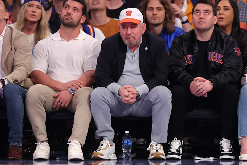 May 19, 2024; New York, New York, USA; New York Knicks executive chairman James Dolan sits court side during the first quarter of game seven of the second round of the 2024 NBA playoffs against the Indiana Pacers at Madison Square Garden.Brad Penner-USA TODAY Sports