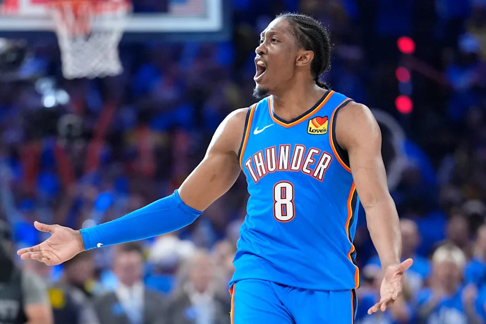 Jun 22, 2025; Oklahoma City, Oklahoma, USA; Oklahoma City Thunder forward Jalen Williams (8) reacts after a play against the Indiana Pacers during the second half of game seven of the 2025 NBA Finals at Paycom Center. Mandatory Credit: Kyle Terada-Imagn Images