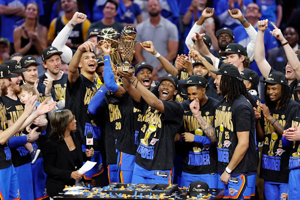 Jun 22, 2025; Oklahoma City, Oklahoma, USA; The Oklahoma City Thunder celebrate after winning game seven of the 2025 NBA Finals against the Indiana Pacers at Paycom Center. Mandatory Credit: Alonzo Adams-Imagn Images
