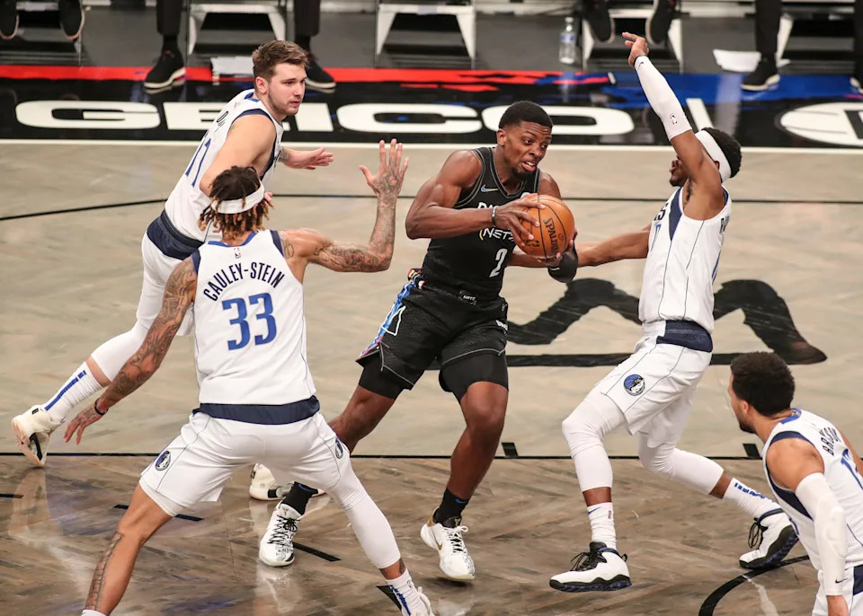 Brooklyn Nets forward Tyler Cook fights through the defense against the Dallas Mavericks, Feb. 27, 2021 in Brooklyn.