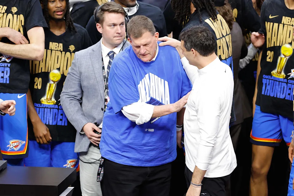 Jun 22, 2025; Oklahoma City, Oklahoma, USA; Oklahoma City Thunder owner Clay Bennett with Oklahoma City Thunder head coach Mark Daigneault after winning game seven of the 2025 NBA Finals against the Indiana Pacers at Paycom Center. Mandatory Credit: Alonzo Adams-Imagn Images