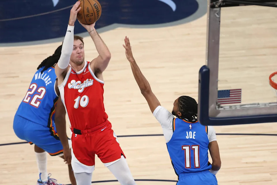 Apr 26, 2025; Memphis, Tennessee, USA; Memphis Grizzlies guard Luke Kennard (10) shoots as Oklahoma City Thunder guard Isaiah Joe (11) defends during the second quarter during game four for the first round of the 2024 NBA Playoffs at FedExForum. Mandatory Credit: Petre Thomas-Imagn ImagesMandatory Credit: Petre Thomas-Imagn Images