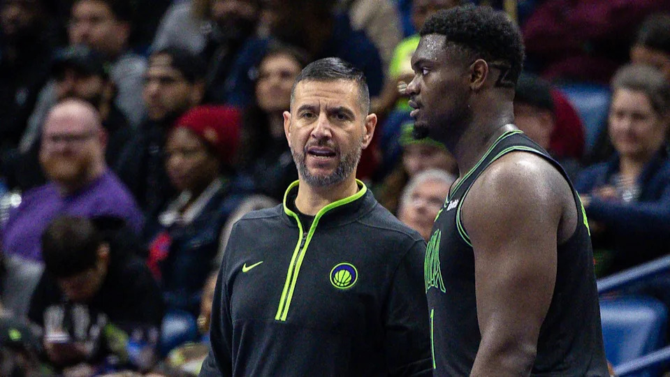 Nov 14, 2023; New Orleans, Louisiana, USA; New Orleans Pelicans acting head coach James Borrego talks with forward Zion Williamson (1) against the Dallas Mavericks during the second half at the Smoothie King Center. Mandatory Credit: Stephen Lew-Imagn Images