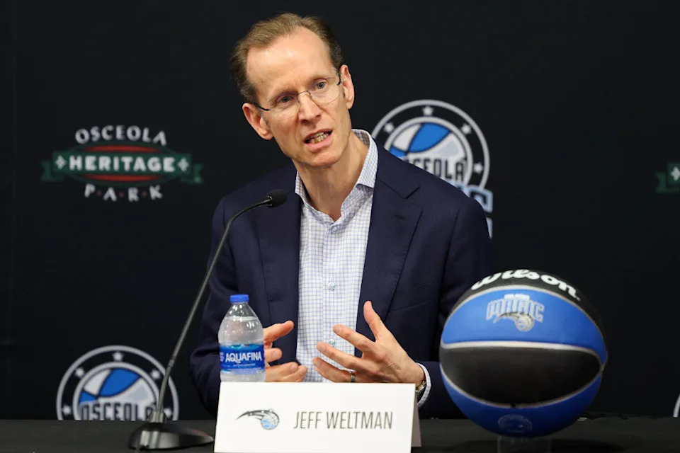 Orlando Magic president of basketball operations Jeff Weltman speaks during a press conference.Nathan Ray Seebeck-Imagn Images