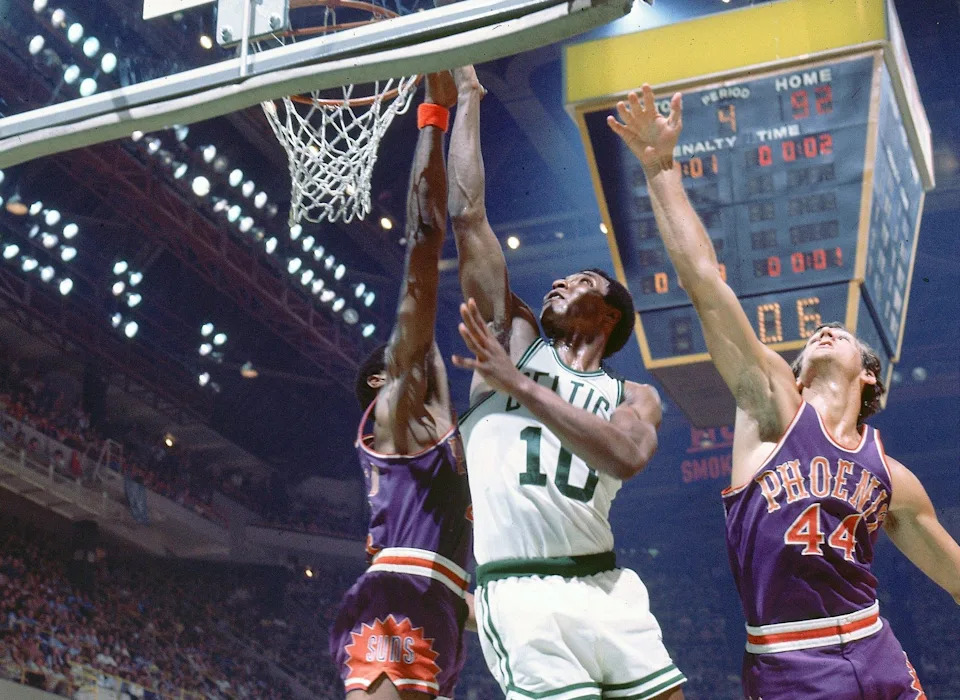 Boston Celtics' Jo Jo White (10) in action against the Phoenix Suns on June 4, 1976, in Boston.