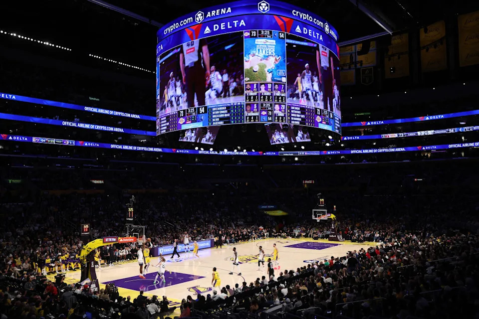 Apr 22, 2025; Los Angeles, California, USA; General view of the arena during the fourth quarter of game two of first round for the 2024 NBA Playoffs between the Los Angeles Lakers and the Minnesota Timberwolves at Crypto.com Arena. Mandatory Credit: Kiyoshi Mio-Imagn Images© Kiyoshi Mio-Imagn Images