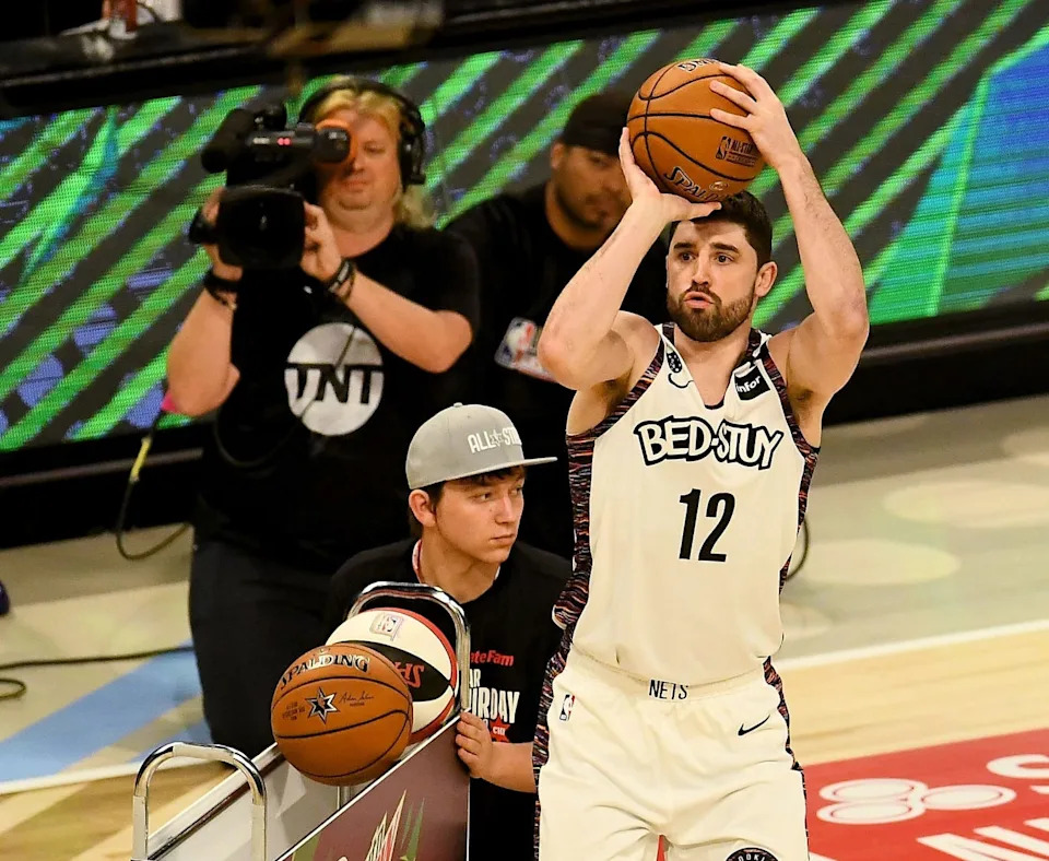 CHICAGO, ILLINOIS - FEBRUARY 15: Joe Harris #12 of the Brooklyn Nets attempts a shot in the 2020 NBA All-Star - MTN DEW 3-Point Contest during State Farm All-Star Saturday Night at the United Center on February 15, 2020 in Chicago, Illinois. NOTE TO USER: User expressly acknowledges and agrees that, by downloading and or using this photograph, User is consenting to the terms and conditions of the Getty Images License Agreement. (Photo by Stacy Revere/Getty Images)