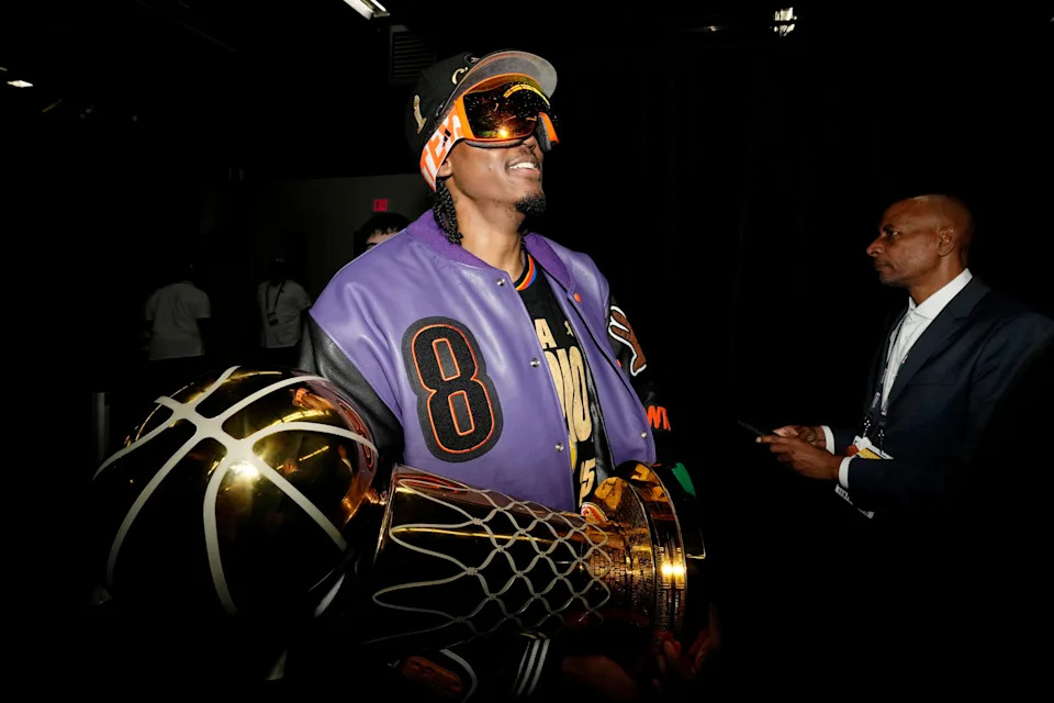 Jun 22, 2025; Oklahoma City, Oklahoma, USA; Oklahoma City Thunder forward Jalen Williams (8) celebrates after winning game seven of the 2025 NBA Finals against the Indiana Pacers at Paycom Center. Mandatory Credit: Kyle Terada-Imagn Images