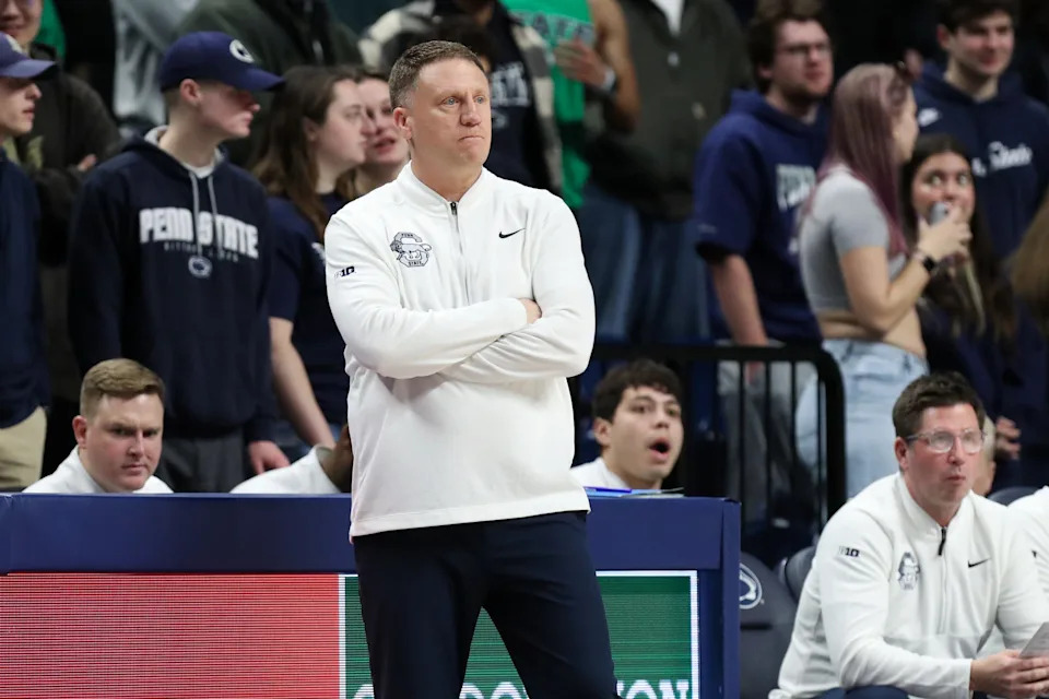 Mar 1, 2025; University Park, Pennsylvania, USA; Penn State Nittany Lions head coach Mike Rhoades looks on from the bench during the first half against the Maryland Terrapins at Bryce Jordan Center. Mandatory Credit: Matthew O'Haren-Imagn Images