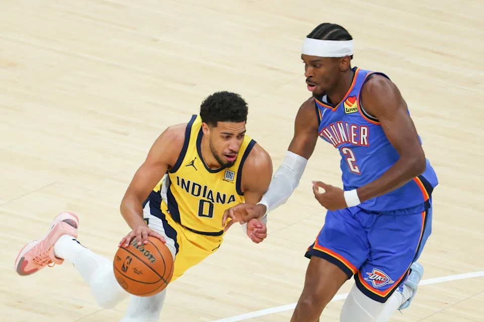 Indiana Pacers guard Tyrese Haliburton drives to the basket against Oklahoma City Thunder guard Shai Gilgeous-Alexander during Game 6 of the 2025 NBA Finals at Gainbridge Fieldhouse on June 19, 2025.Trevor Ruszkowski-Imagn Images