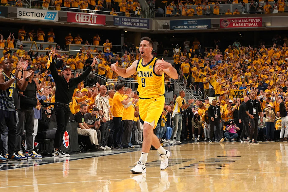 INDIANAPOLIS, IN - JUNE 11: T.J. McConnell #9 of the Indiana Pacers celebrates during the game against the Oklahoma City Thunder during Game Three of the 2025 NBA Finals on June 11, 2025 at Gainbridge Fieldhouse in Indianapolis, Indiana. NOTE TO USER: User expressly acknowledges and agrees that, by downloading and or using this Photograph, user is consenting to the terms and conditions of the Getty Images License Agreement. Mandatory Copyright Notice: Copyright 2025 NBAE (Photo by Jesse D. Garrabrant/NBAE via Getty Images)