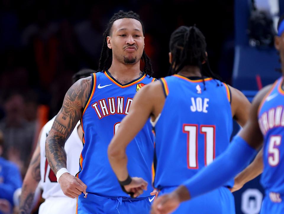 Oklahoma City Thunder forward Jaylin Williams (6) celebrates a basket with Oklahoma City Thunder guard Isaiah Joe (11) in the second half of the NBA basketball game between the Oklahoma City Thunder and the Miami Heat at Paycom Center in Oklahoma City, Friday, March 8, 2024.