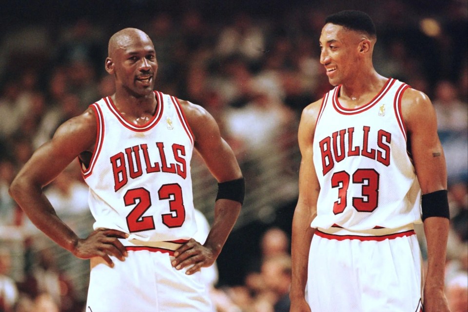Michael Jordan and Scottie Pippen of the Chicago Bulls during a game.