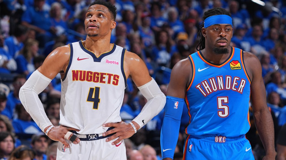 OKLAHOMA CITY, OK - MAY 18: Russell Westbrook #4 of the Denver Nuggets and Luguentz Dort #5 of the Oklahoma City Thunder look on during the game during Round 2 Game 7 of the 2025 NBA Playoffs on May 18, 2025 at Paycom Center in Oklahoma City, Oklahoma. NOTE TO USER: User expressly acknowledges and agrees that, by downloading and or using this photograph, User is consenting to the terms and conditions of the Getty Images License Agreement. Mandatory Copyright Notice: Copyright 2025 NBAE(Photo by Garrett Ellwood/NBAE via Getty Images)