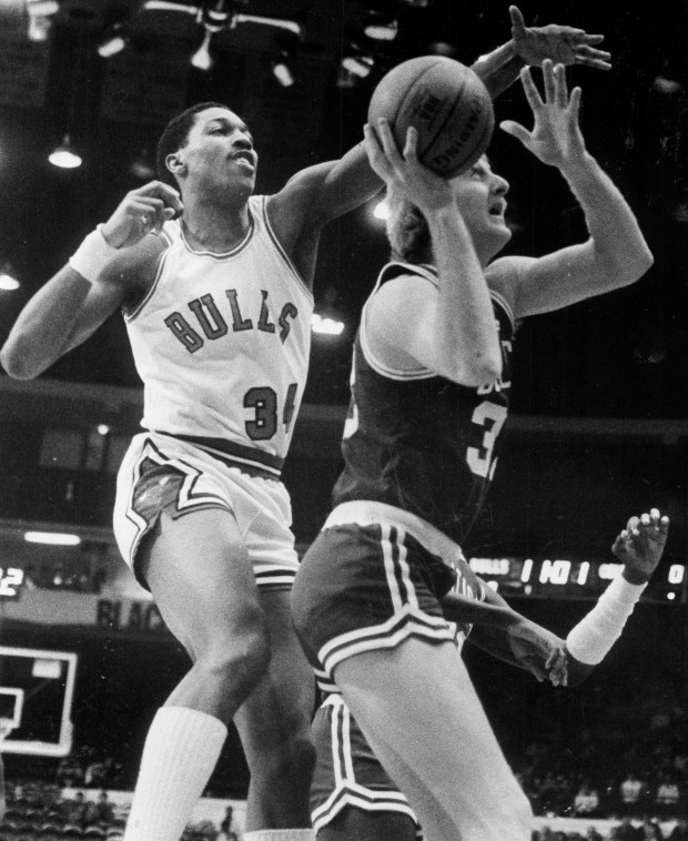 The Bulls David Greenwood, left, swipes at Boston's Larry Bird in 1984. (Ed Wagner Jr./Chicago Tribune)